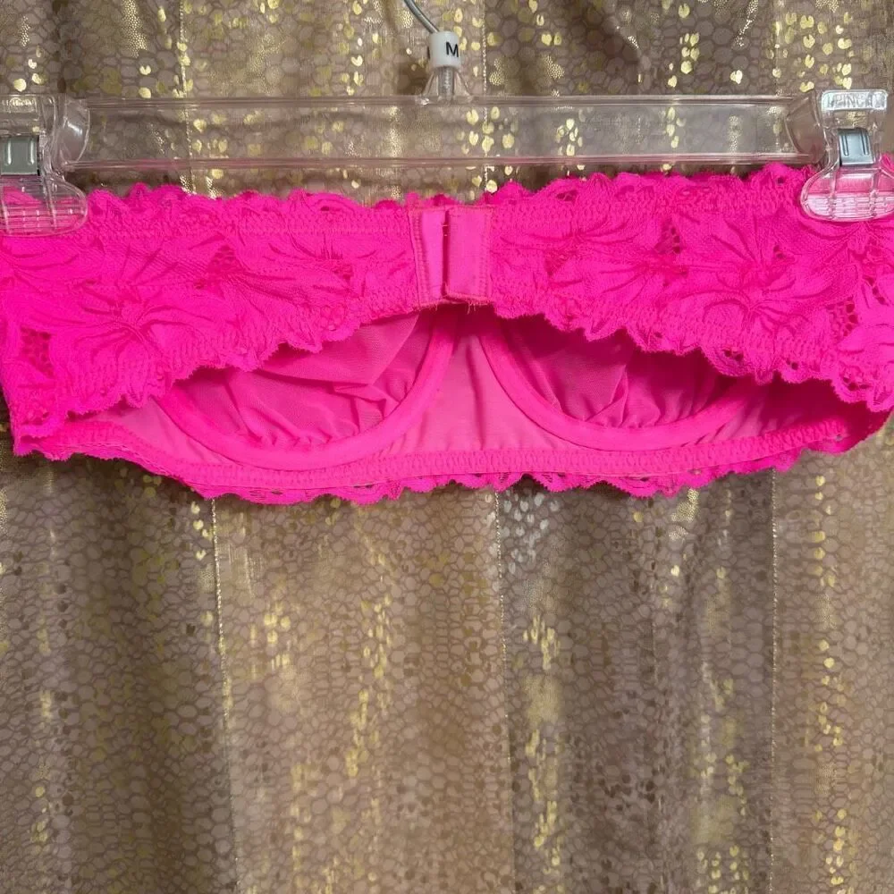 Aerie Real Power Beach Days Lace Unlined Bandeau Bra Neon Hot Pink 36B